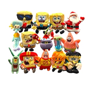 May include: A collection of 12 plush toys featuring characters from the animated television series SpongeBob SquarePants. The characters include SpongeBob, Patrick Star, Squidward Tentacles, Sandy Cheeks, Mr. Krabs, Plankton, Gary the Snail, and more.