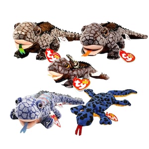May include: Five plush lizard toys in various colors. The lizards have textured skin patterns and long tails. One is blue with black spots, another is blue with a patterned back, and the others are shades of brown. Each has a red tag.