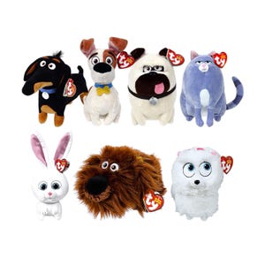 May include: A collection of plush toys featuring characters from "The Secret Life of Pets." The toys include a black dachshund, a white and brown dog, a white pug, a blue cat, a white bunny, a brown shaggy dog, and a white fluffy dog.