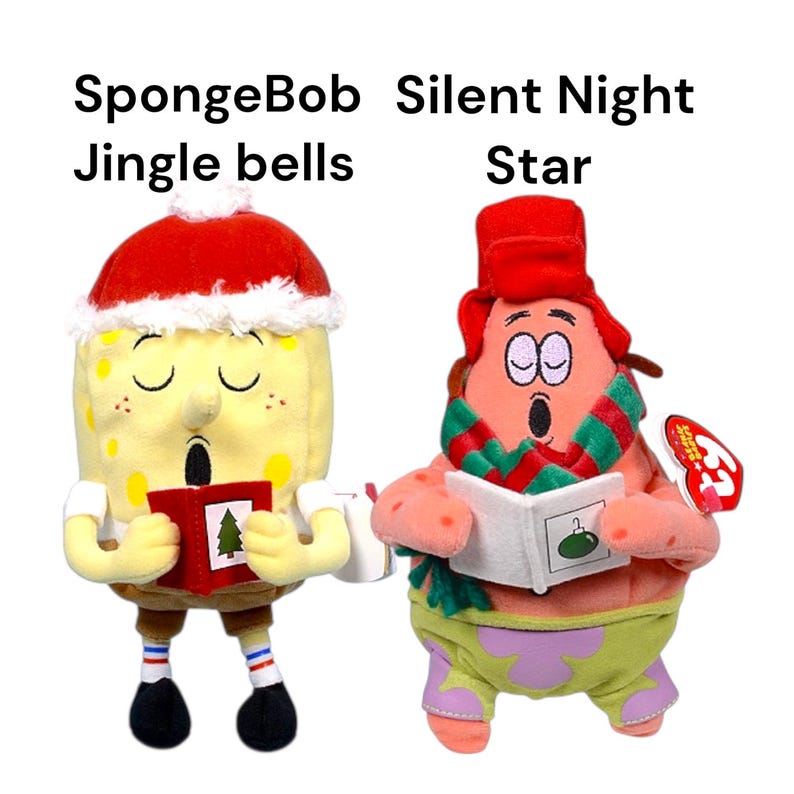 Peut inclure: Deux peluches SpongeBob SquarePants et Patrick Star v&ecirc;tus pour No&euml;l. Bob l'&eacute;ponge porte un bonnet de P&egrave;re No&euml;l et chante &agrave; partir d'un livre. Patrick porte un chapeau rouge et une &eacute;charpe verte et rouge, chantant &eacute;galement. Le texte au-dessus indique "SpongeBob Jingle bells" et "Silent Night Star".