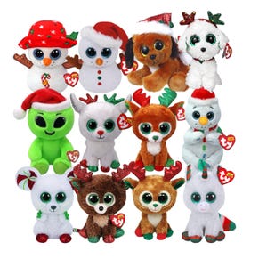 May include: A collection of plush Christmas-themed toys. The toys include snowmen, dogs, reindeer, an alien, a polar bear, and a unicorn. Each toy has large, glittery eyes and is wearing a festive hat or antlers. The toys are in various colors, including white, brown, green, and red.