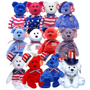 May include: A collection of patriotic-themed plush toys, including teddy bears and a dog, in red, white, and blue. The bears feature American flag designs, bow ties, and hats. The dog wears a top hat. These plush toys are perfect for celebrating Independence Day.