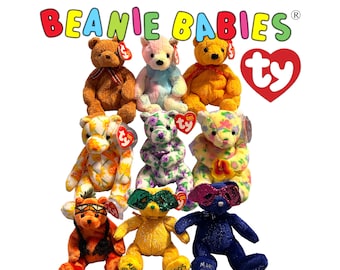 Ty Beanie Babies beren: corsage, shasta, Bloom, Mardi Gras, Masque, Poopsie, Woody en Mellow