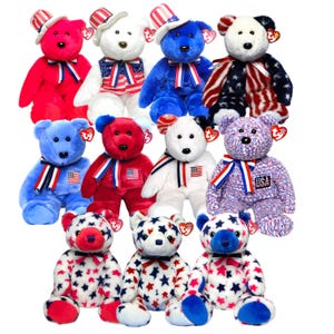 May include: A collection of patriotic teddy bears in red, white, and blue. Some bears wear hats and bow ties, while others feature star and stripe patterns. Each bear has a small tag attached.