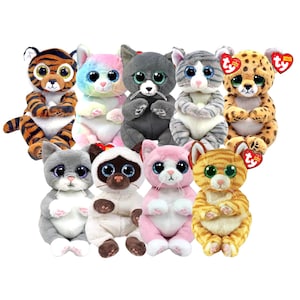 Puede incluir: Una colección de juguetes de peluche con forma de gato en varios colores y diseños. Los juguetes incluyen un tigre, un leopardo y varios gatos en tonos grises, rosas y arcoíris. Cada juguete tiene ojos grandes y expresivos y una etiqueta en forma de corazón de Ty.
