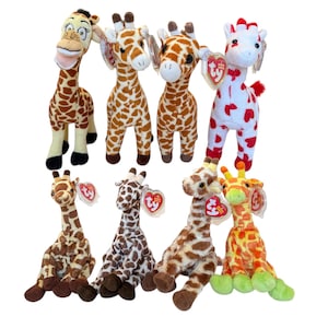May include: A selection of plush giraffe toys in different designs. The giraffes have brown and white spotted patterns, with some featuring unique designs such as red hearts or cartoon faces. Each toy has a tag attached.