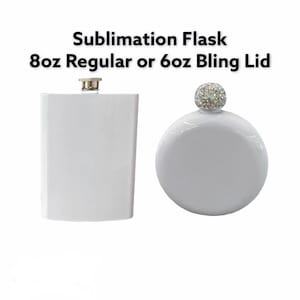 May include: Two white sublimation flasks, one with a regular lid and the other with a bling lid. The flask on the left is 8 oz and the flask on the right is 6 oz.