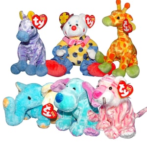 Ty Beanie Babies Circuscollectie: Jongleer met de clownbeer, Mystique, Jimbo, Giraffiti, Vegas en Kookie.