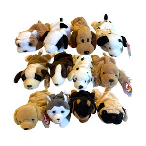 Ty Beanie Babies Dogs Doby, Dotty, Sparky, Pugsly, Wrinkles, Bernie, Bones, Fetch, Spunky, Bruno, Spot, Nanook