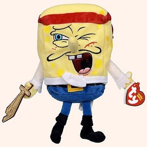 Peut inclure: Peluche de Bob l'&eacute;ponge en costume de pirate. Le personnage &eacute;ponge jaune porte un bandana rouge, un clin d'&oelig;il et une &eacute;p&eacute;e en bois. Il porte une tenue bleue avec une boucle dor&eacute;e et des bottes noires. Une &eacute;tiquette Ty Beanie Baby est attach&eacute;e.