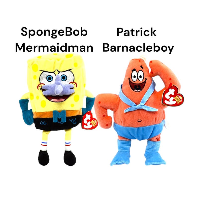 Peut inclure: Deux peluches des personnages de Bob l'&eacute;ponge, Bob l'&eacute;ponge et Patrick. Bob l'&eacute;ponge est jaune avec des gants bleus et une ceinture noire. Patrick est rose avec un short bleu et un n&oelig;ud papillon bleu. Chaque jouet a une &eacute;tiquette rouge.