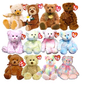 May include: A collection of plush teddy bears in various colors, including brown, pink, and tie-dye. Each bear has a Ty heart-shaped tag attached. Some bears have ribbons or flowers.