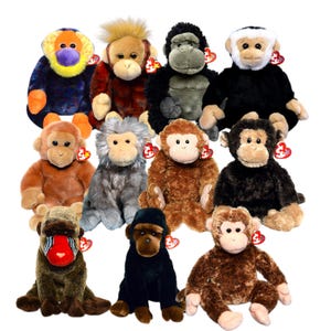 May include: A collection of plush monkey toys in various colors and styles. The stuffed animals include a gorilla, a mandrill, and other monkey species. Each toy has a tag attached.