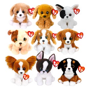 May include: A collection of nine plush toy dogs in various colors and breeds. Each dog has large, expressive eyes and a red heart-shaped tag. The dogs are in shades of brown, white, and black, with different ear and face markings.
