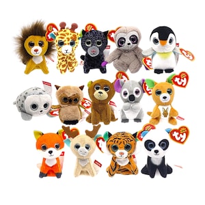 May include: A collection of plush animal toys, including a lion, giraffe, leopard, sloth, penguin, seal, owl, bear, koala, fox, deer, tiger, and panda. Each toy has large, round eyes and a tag.