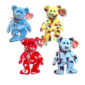 Ty Beanie Babies Flag Bears With Rare Flag Nose 2005 Asia Pacific Bears Starry, Hikari, Korea, Negaraku