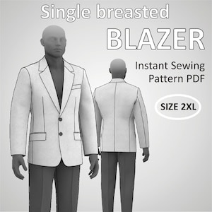Op de afbeelding: Een patroon voor een enkelrijig blazer in PDF-formaat. Het patroon is voor een blazer in maat 2XL. De afbeelding toont een voor- en achterkant van de blazer.