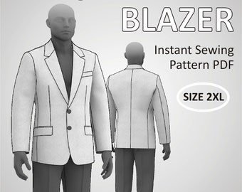 Size 2XL (US46) Mens Blazer Classic Suit Jacket for Men with Lapel and full Lining - Digital Sewing Pattern PDF