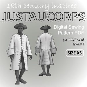 May include: Digital sewing pattern PDF for an 18th-century inspired Justaucorps coat, size XS. The image shows a front and back view of the coat design. The coat is white with black trim and buttons. The text reads "for advanced sewists."