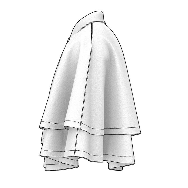 May include: A white, layered cape with a collar and a button closure. The cape features a tiered design with visible stitching details. The garment is shown against a white background, highlighting its shape and construction. This outerwear piece is suitable for various occasions.