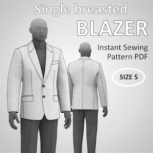 Op de afbeelding: Een enkelrijig blazer-naaipatroon in maat S. Het patroon is beschikbaar voor directe download in PDF-formaat.