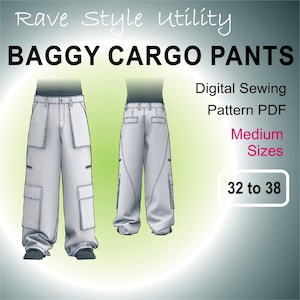 May include: A digital sewing pattern for baggy cargo pants. The pattern is for sizes 32 to 38. The image shows a white pair of pants with multiple pockets.