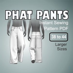 May include: A digital sewing pattern for Phat Pants, featuring a line drawing of two people wearing wide-leg pants. The pattern is for sizes 38 to 44 and is described as "Instant Sewing Pattern PDF".