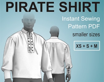May include: A digital illustration of a white pirate shirt with a lace-up neckline. The shirt is shown on a male figure from the front and back. The text "tailored PIRATE SHIRT Instant Sewing Pattern PDF smaller sizes XS + S + M" is displayed on a blue background.