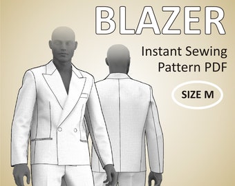 Size M (US40) Mens Blazer Tailored double breasted Suit Jacket for Men with peak lapel and full lining - Digital Sewing Pattern PDF