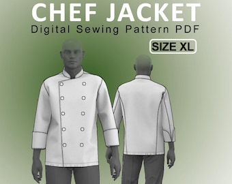 May include: White chef jacket with black buttons, shown from the front and back. The text on the image reads "unlined CHEF JACKET Digital Sewing Pattern PDF SIZE XL". The jacket has a mandarin collar and long sleeves.