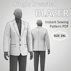Op de afbeelding: Een patroon voor een enkelrijig blazer in PDF-formaat. Het patroon is voor een blazer in maat 3XL. De afbeelding toont een lijntekening van een man die de blazer draagt.