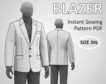 Size 3XL (US48) Mens Blazer Classic Suit Jacket for Men with Lapel and full Lining - Digital Sewing Pattern PDF