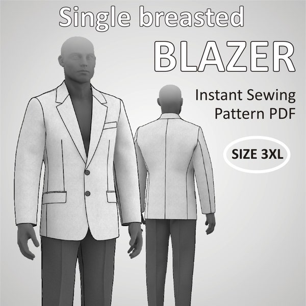 Size 3XL (US48) Mens Blazer Classic Suit Jacket for Men with Lapel and full Lining - Digital Sewing Pattern PDF