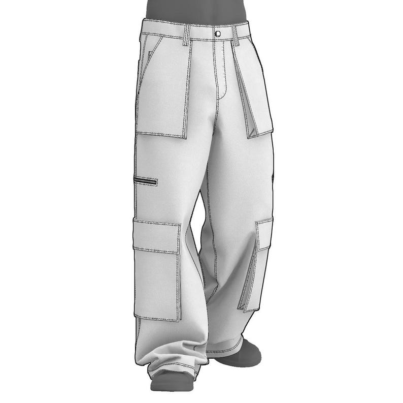 May include: White cargo pants with multiple pockets and a zipper detail.