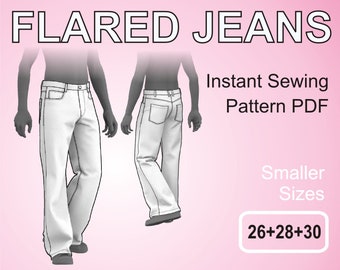 Flared Jeans - Bootcut Pants - Retro 5 Pocket Style - Bell Bottom Trousers for men - Digital Sewing Pattern PDF - Smaller Sizes 26 + 28 + 30