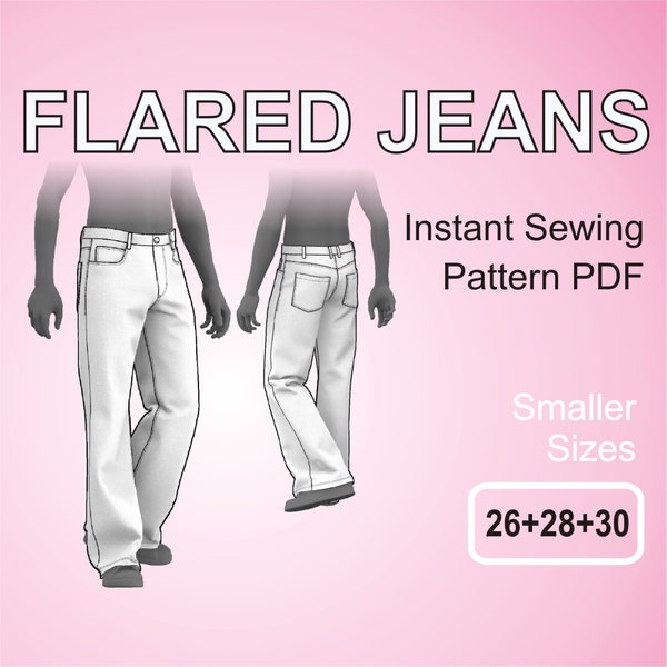 Jeans Acampanados - Pantalones Bootcut - Estilo Retro 5 Bolsillos - Pantalones Bell Bottom para hombres - Patrón de costura digital PDF - Tallas más pequeñas 26 + 28 + 30