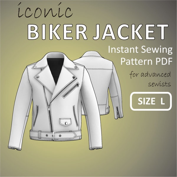 Size L - Iconic Biker Jacket for men Double Rider Motorcycle Jacket with asymmetrical Zipper Moto Zipper Jacket - Digital Sewing Pattern PDF