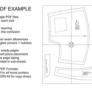 May include: A black and white PDF example with text describing features like single PDF files, clear seam allowances, and smart piece placement. The image includes outlines of jean patterns and the text "PDF EXAMPLE".