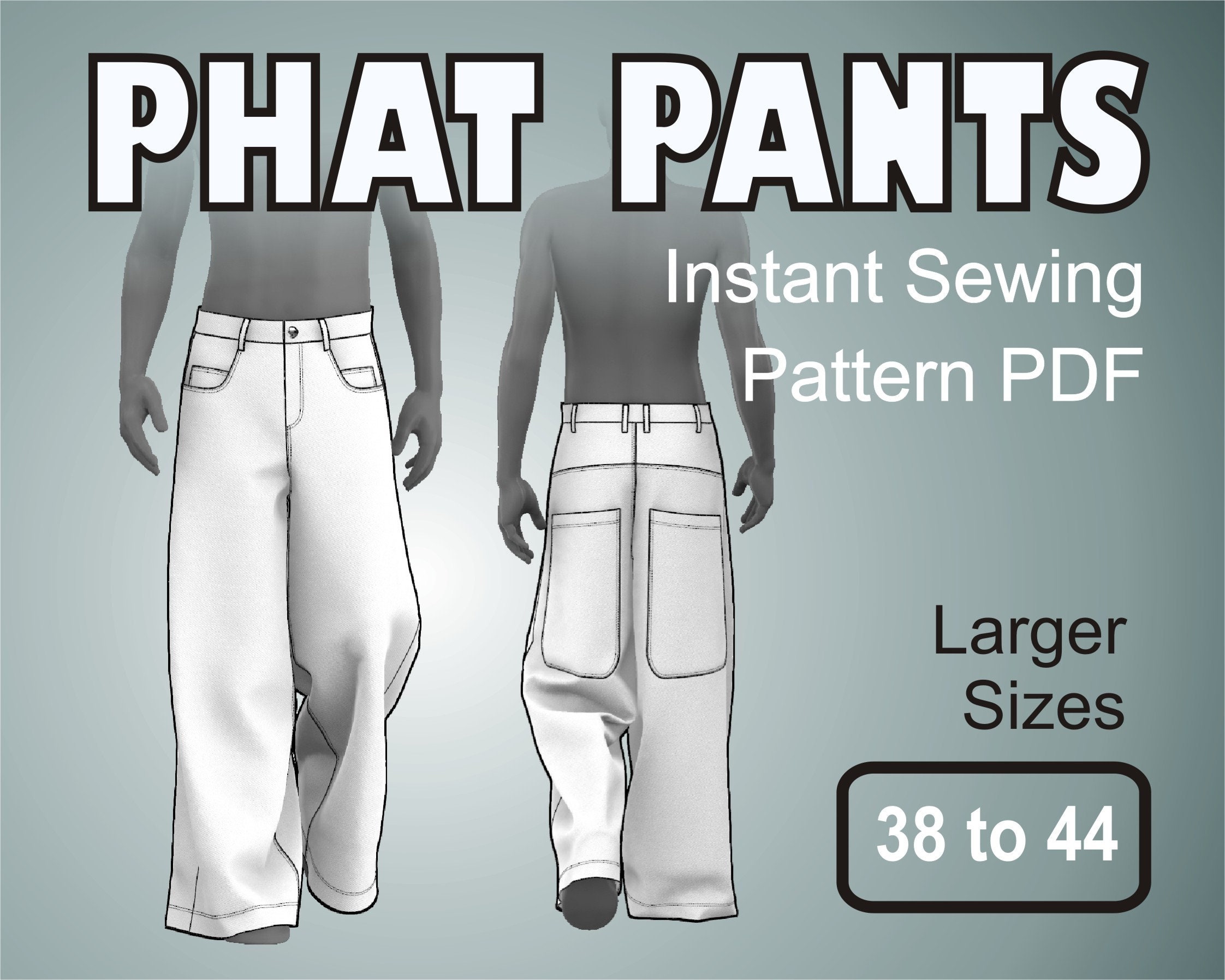 PDF Sewing Skater Pants Larger Phat 42, 44 38, Oversized Rave Sizes Digital Pattern Leg Wide Jeans Etsy 40, - Pants Baggy