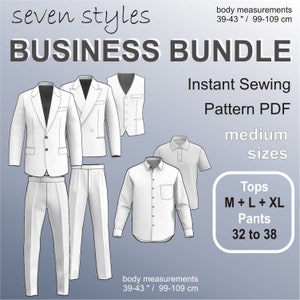 Puede incluir: Una ilustración digital de siete estilos diferentes de ropa para hombres, incluyendo una chaqueta de traje, un chaleco, una camisa de vestir, una camiseta polo y pantalones. La ilustración está etiquetada como "Seven Styles Business Bundle Instant Sewing Pattern PDF Medium Sizes Tops M + L + XL Pants 32 to 38 Body Measurements 39-43"/99-109 cm"