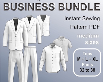 May include: A digital illustration of seven different styles of men's clothing, including a suit jacket, a vest, a dress shirt, a polo shirt, and pants. The illustration is labeled "Seven Styles Business Bundle Instant Sewing Pattern PDF Medium Sizes Tops M + L + XL Pants 32 to 38 Body Measurements 39-43"/99-109 cm"