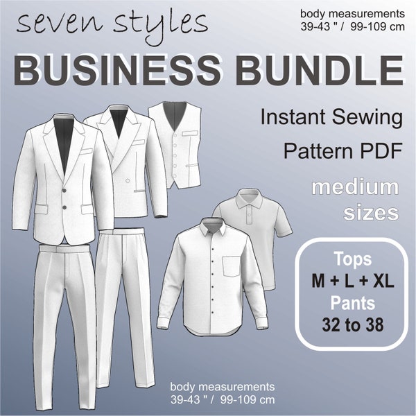 Paquete de negocios para hombres Ropa formal hombre Patrón de costura digital PDF - Tallas medianas Tops M + L + XL / Pantalones 32 + 34 + 36 + 38