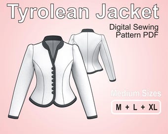 Cropped Tyrolean Folklore Wool Jacket / Traditional Walk Janker for Women / Medium Sizes M + L + XL Digital Sewing Pattern PDF