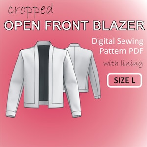 Może przedstawiać: Wzór szycia białego, krótkiego, otwartego z przodu blezera z czarną podszewką. Wzór jest w rozmiarze L i jest dostępny jako cyfrowy plik PDF do pobrania. Cyfrowy wzór szycia PDF z podszewką. ROZMIAR L