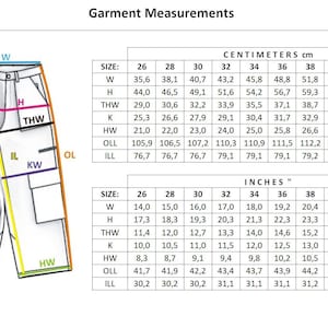 May include: A white cargo pant with multiple pockets and measurements in inches and centimeters for different sizes.