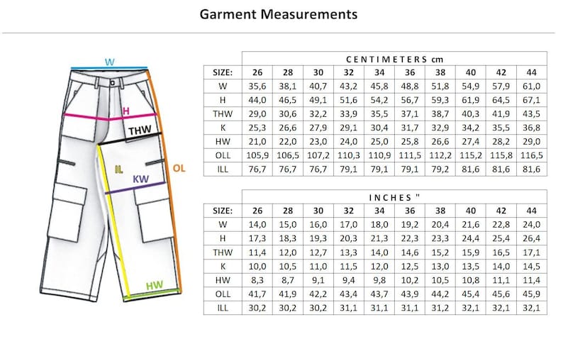 May include: A white cargo pant with multiple pockets and measurements in inches and centimeters for different sizes.