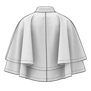 May include: A light gray cape with a high collar and a layered design. The cape features a double-layered bottom and is outlined with black stitching. The back view of the garment is shown, highlighting its structured silhouette.