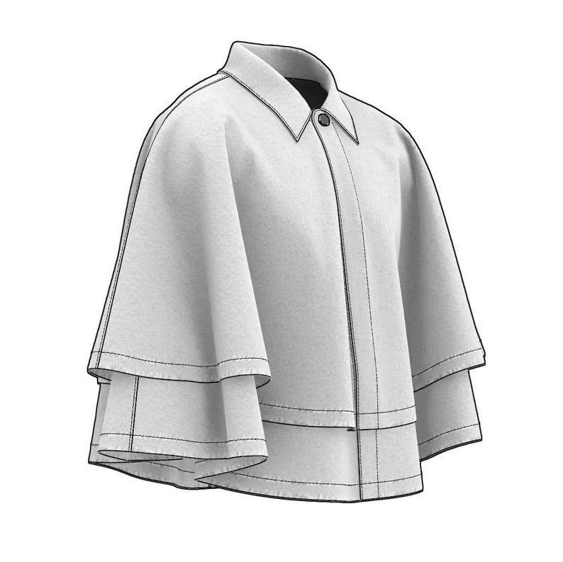 May include: A light gray cape with a collar and button closure. The cape features a layered design with black stitching details. The garment has a classic silhouette, suitable for various occasions.