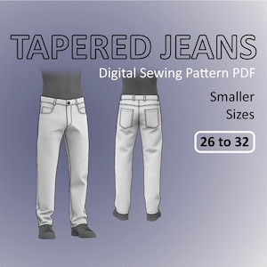 Men's Jeans Tapered Denim Pants - Digital Sewing Pattern PDF - Smaller Sizes Bundle 26 to 32 Inches