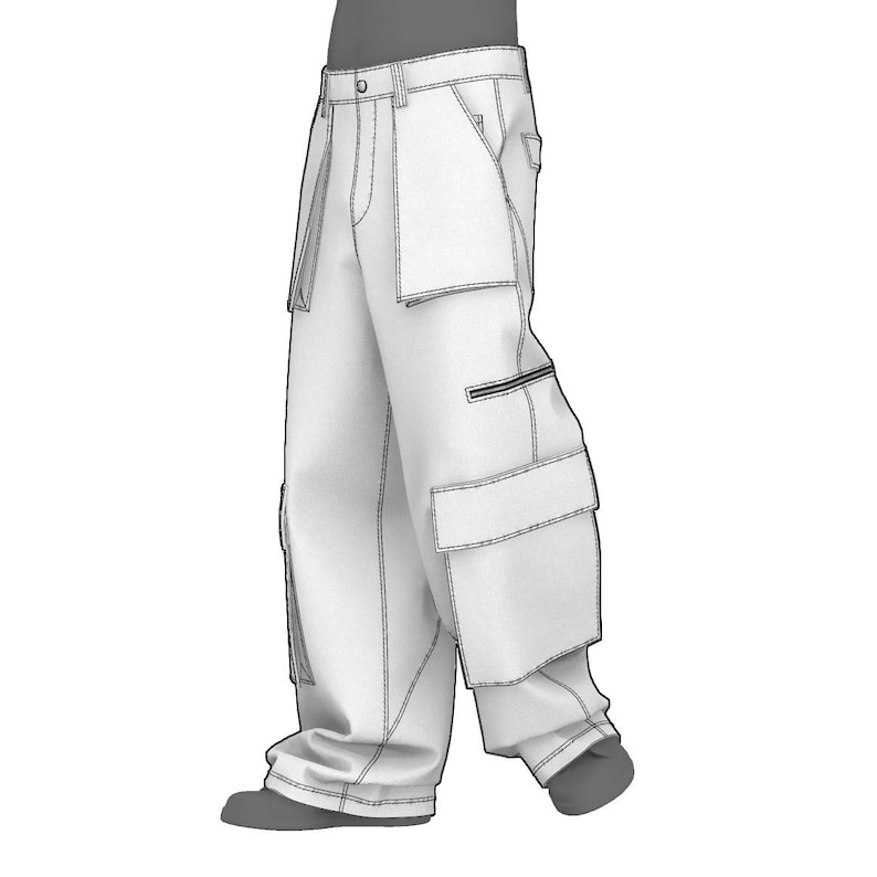 May include: White cargo pants with multiple pockets and a zipper detail. The pants have a relaxed fit and are made of a lightweight fabric.